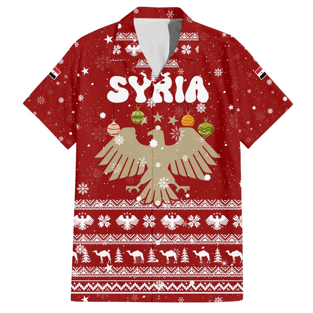 Syria Christmas Hawaiian Shirt with Golden Eagle Emblem Christmas Camel Scene - Wonder Print Shop