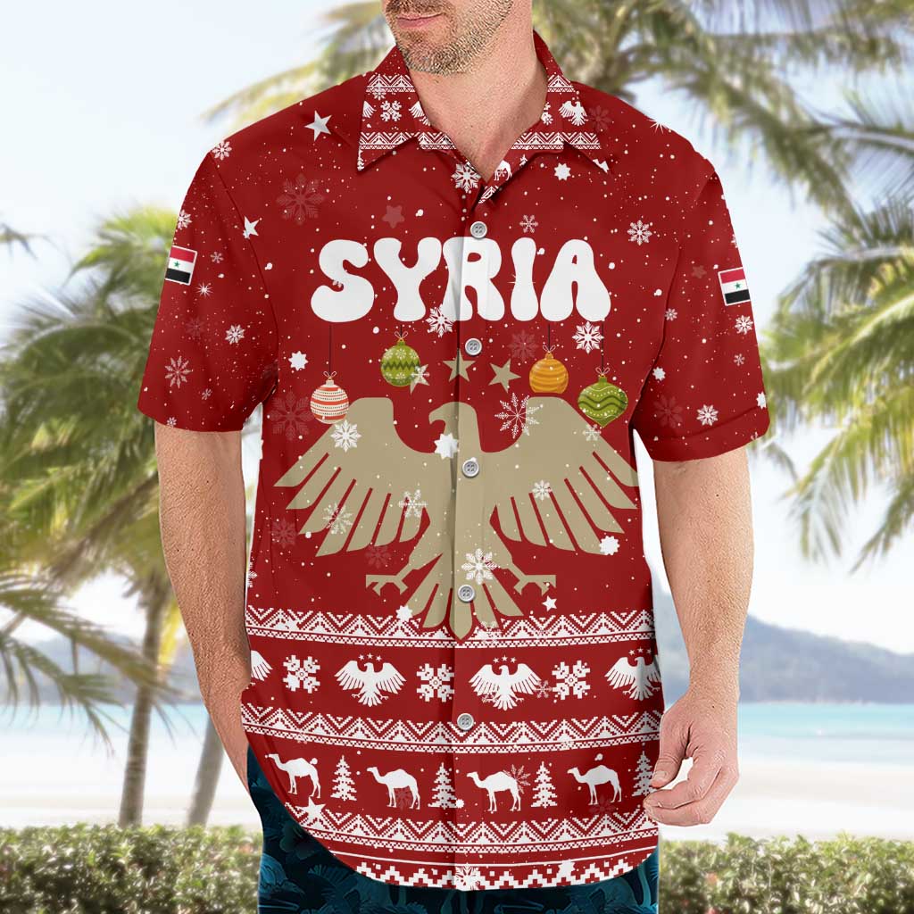 Syria Christmas Hawaiian Shirt with Golden Eagle Emblem Christmas Camel Scene - Wonder Print Shop