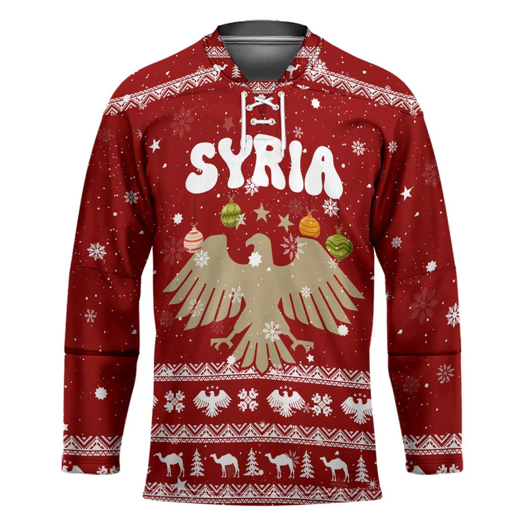 Syria Christmas Hockey Jersey with Golden Eagle Emblem Christmas Camel Scene - Wonder Print Shop