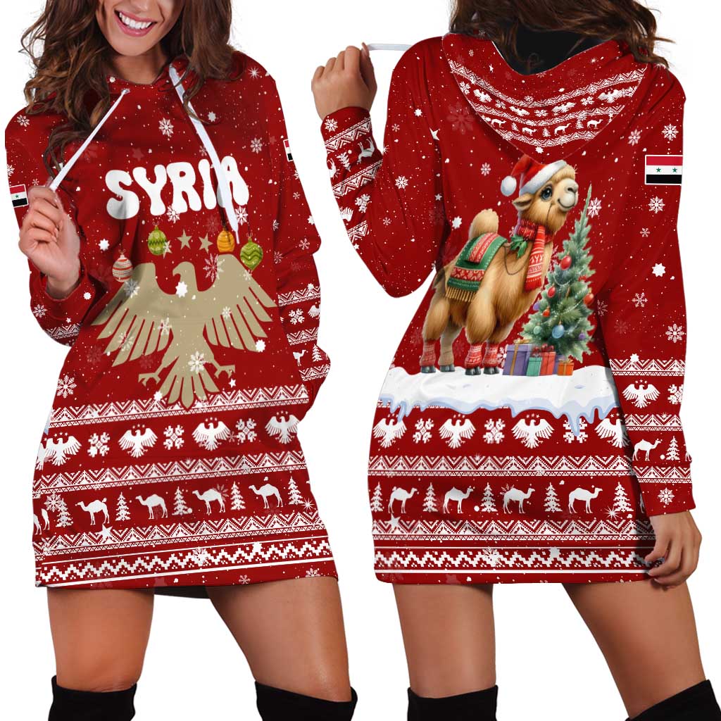 Syria Christmas Hoodie Dress with Golden Eagle Emblem Christmas Camel Scene - Wonder Print Shop