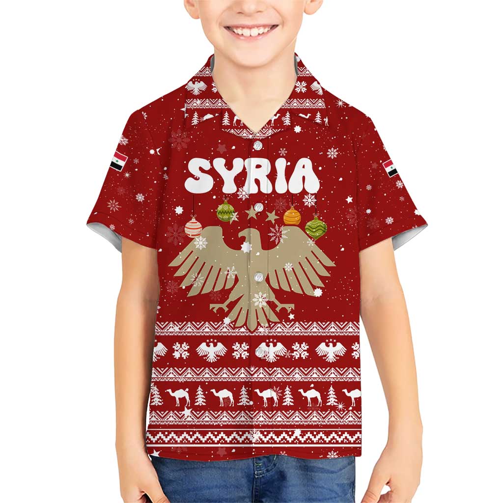 Syria Christmas Kid Hawaiian Shirt with Golden Eagle Emblem Christmas Camel Scene - Wonder Print Shop