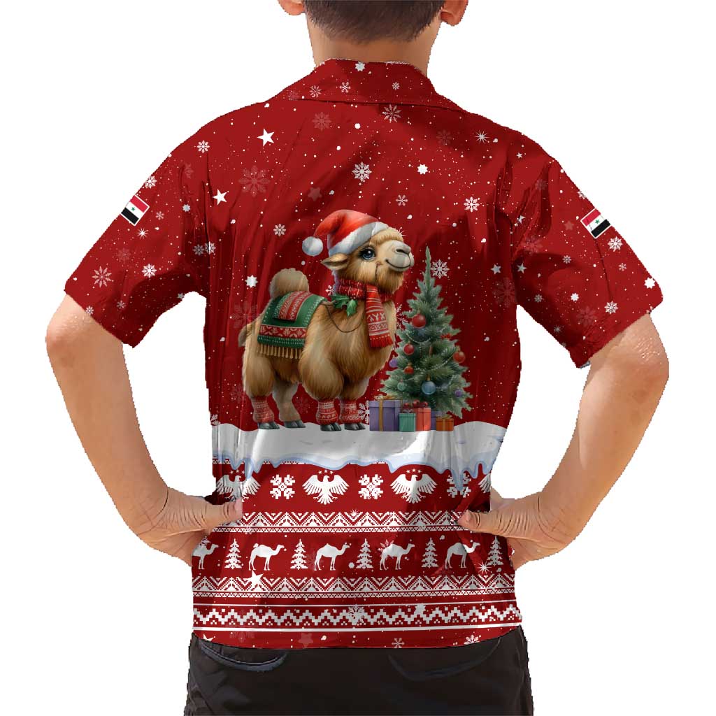 Syria Christmas Kid Hawaiian Shirt with Golden Eagle Emblem Christmas Camel Scene - Wonder Print Shop