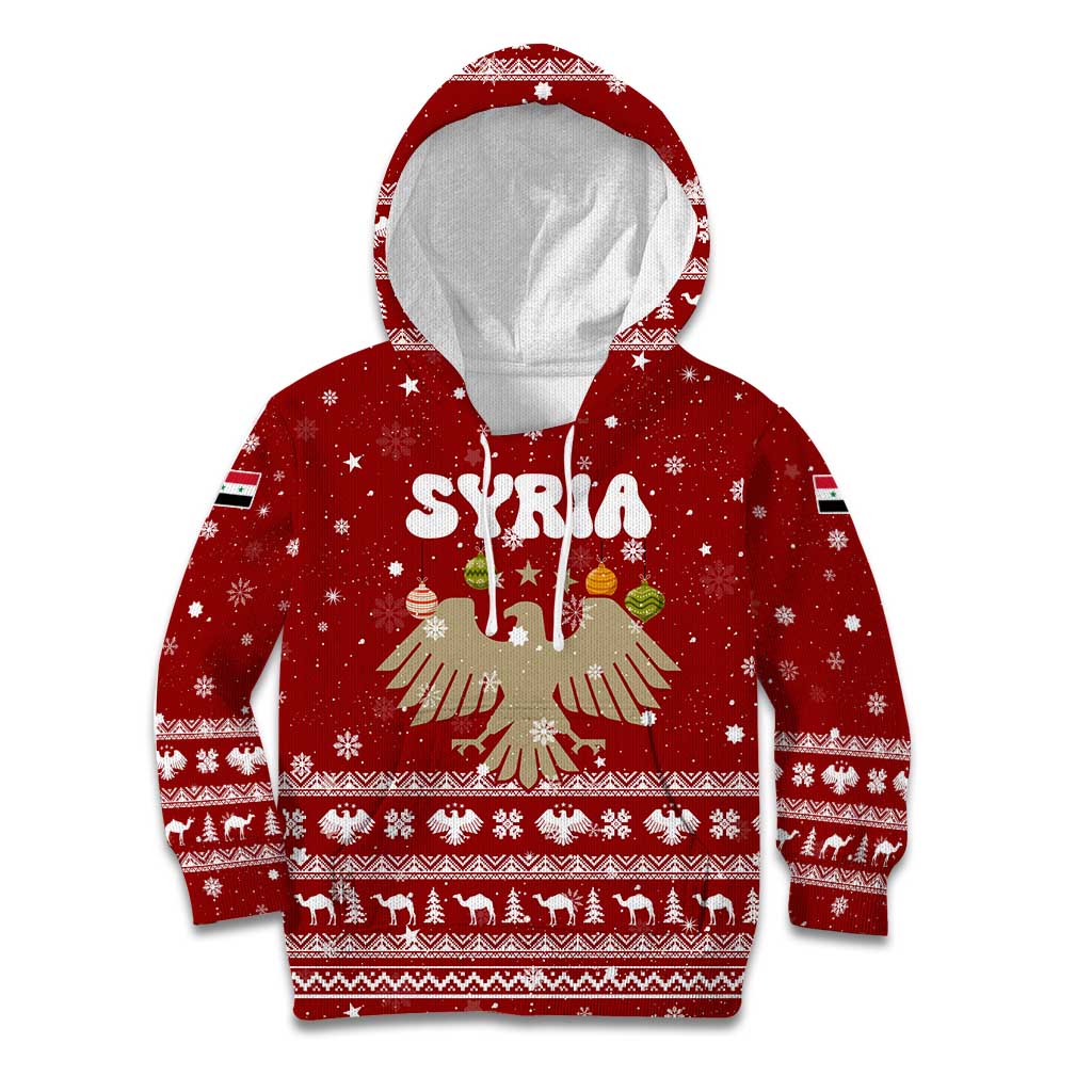 Syria Christmas Kid Hoodie with Golden Eagle Emblem Christmas Camel Scene - Wonder Print Shop