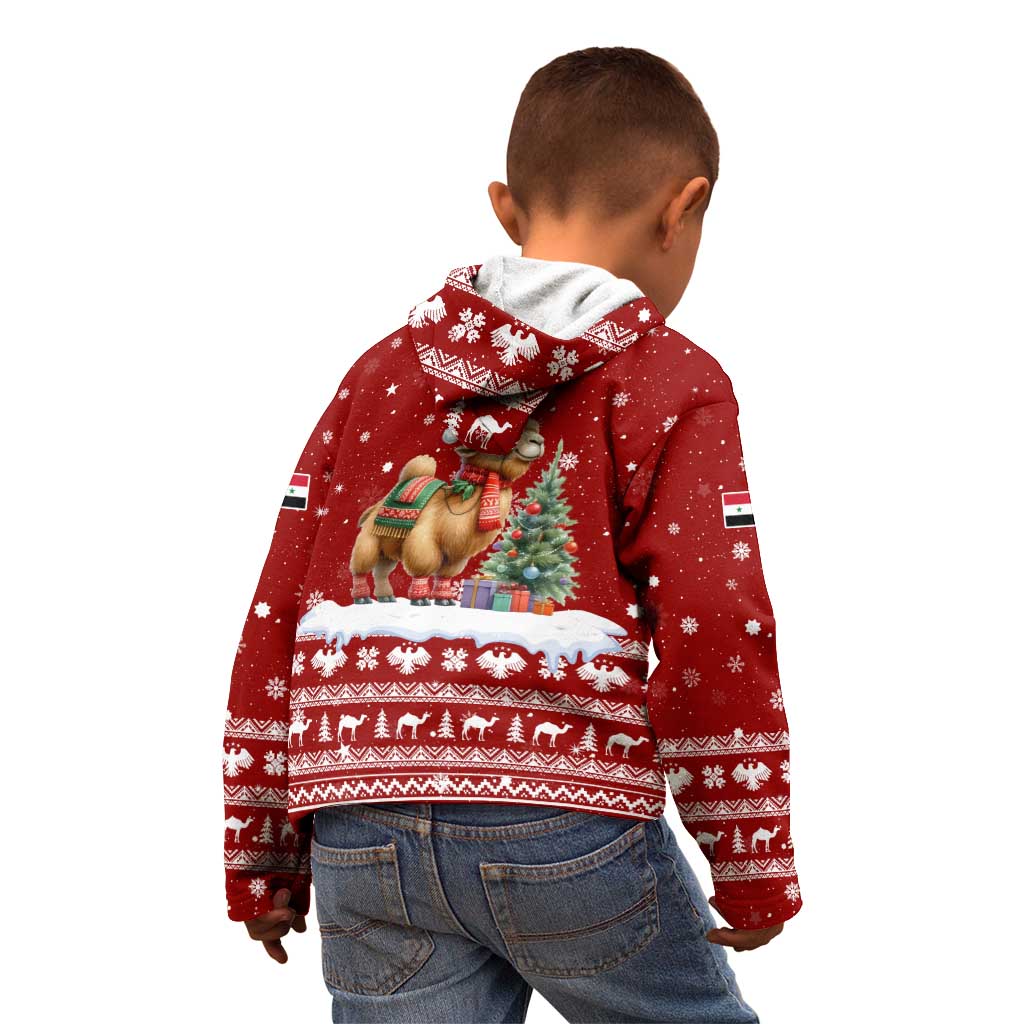 Syria Christmas Kid Hoodie with Golden Eagle Emblem Christmas Camel Scene - Wonder Print Shop