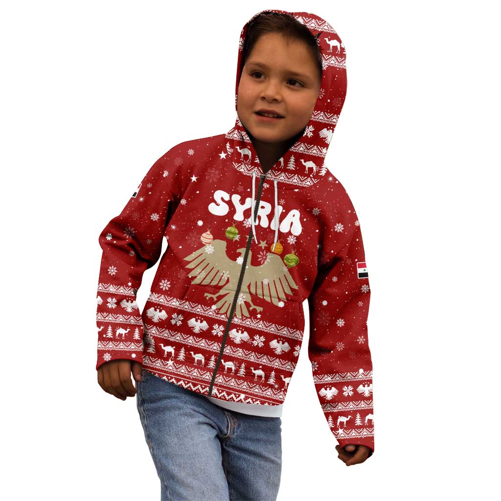 Syria Christmas Kid Hoodie with Golden Eagle Emblem Christmas Camel Scene - Wonder Print Shop