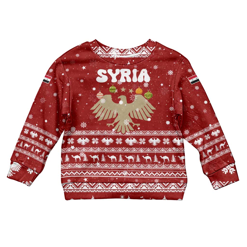 Syria Christmas Kid Ugly Christmas Sweater with Golden Eagle Emblem Christmas Camel Scene - Wonder Print Shop