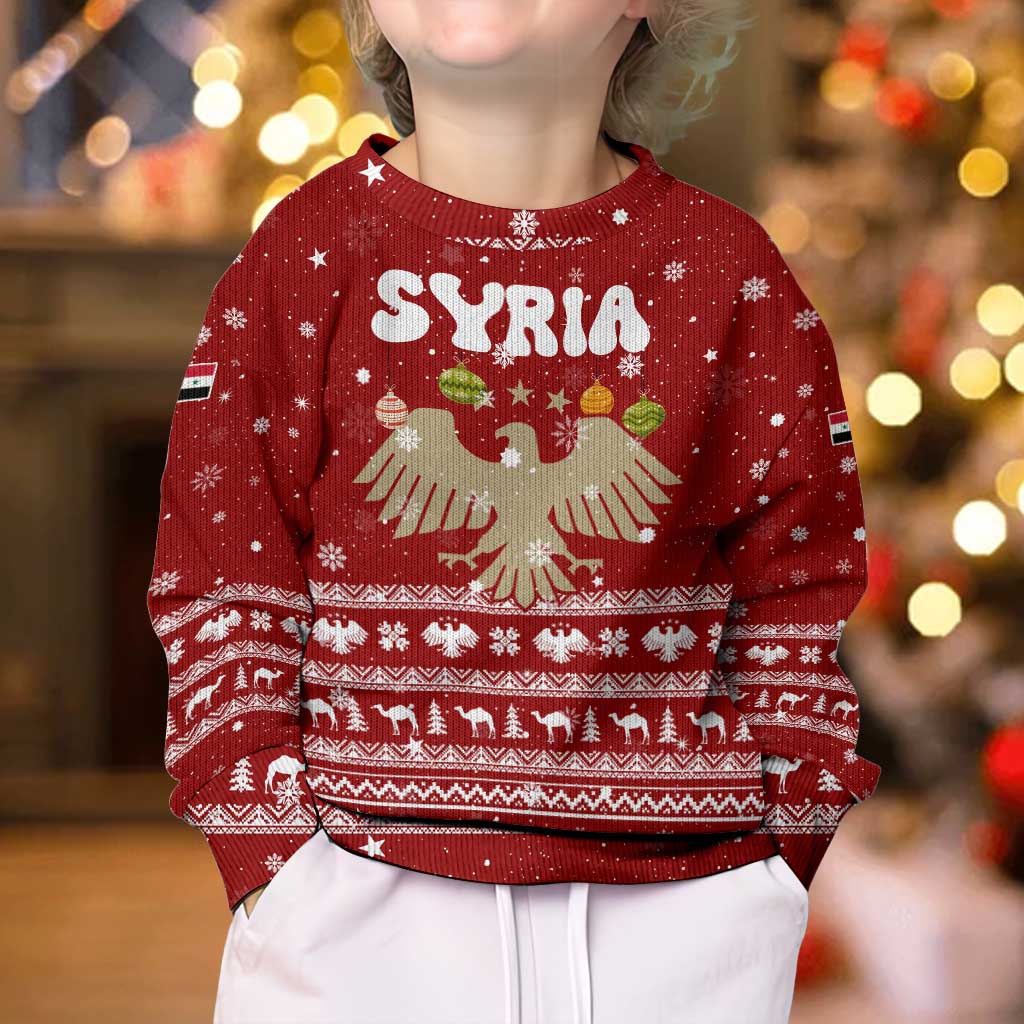Syria Christmas Kid Ugly Christmas Sweater with Golden Eagle Emblem Christmas Camel Scene - Wonder Print Shop