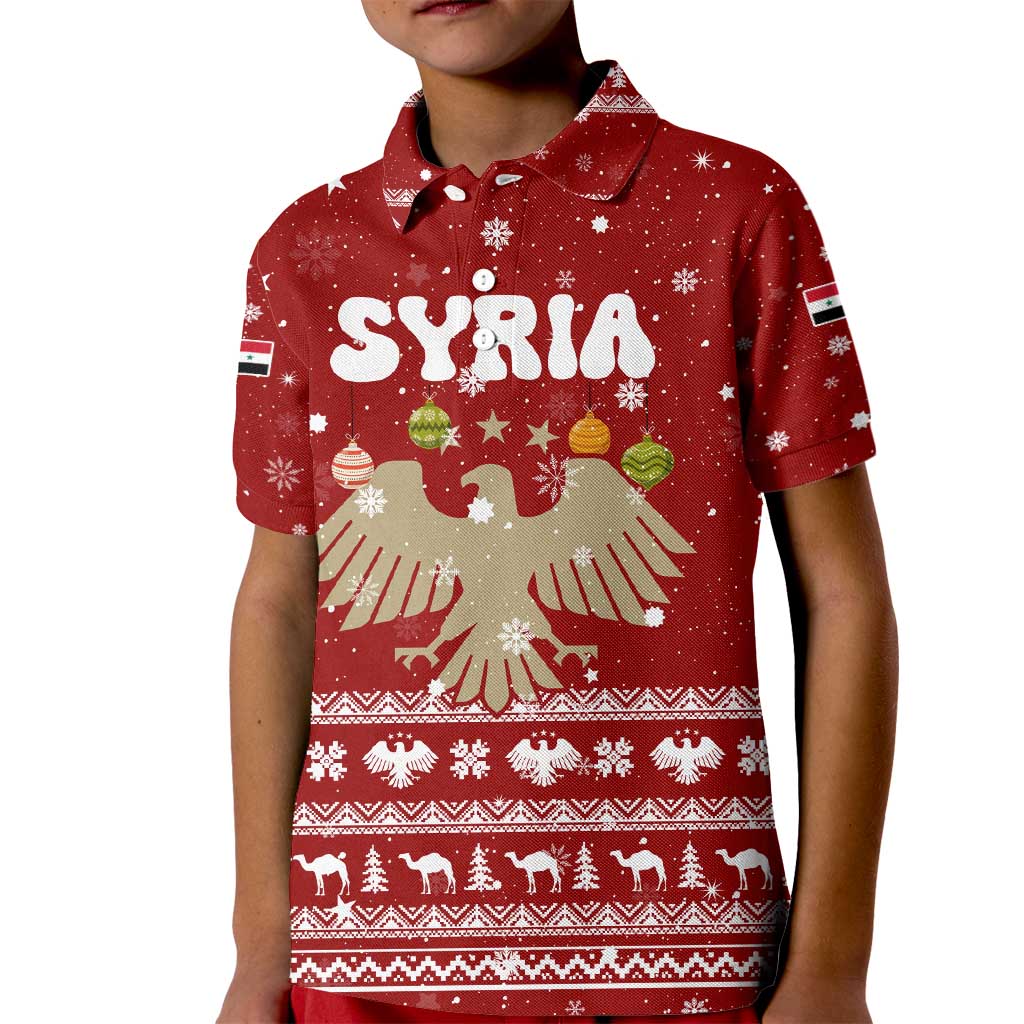 Syria Christmas Kid Polo Shirt with Golden Eagle Emblem Christmas Camel Scene - Wonder Print Shop