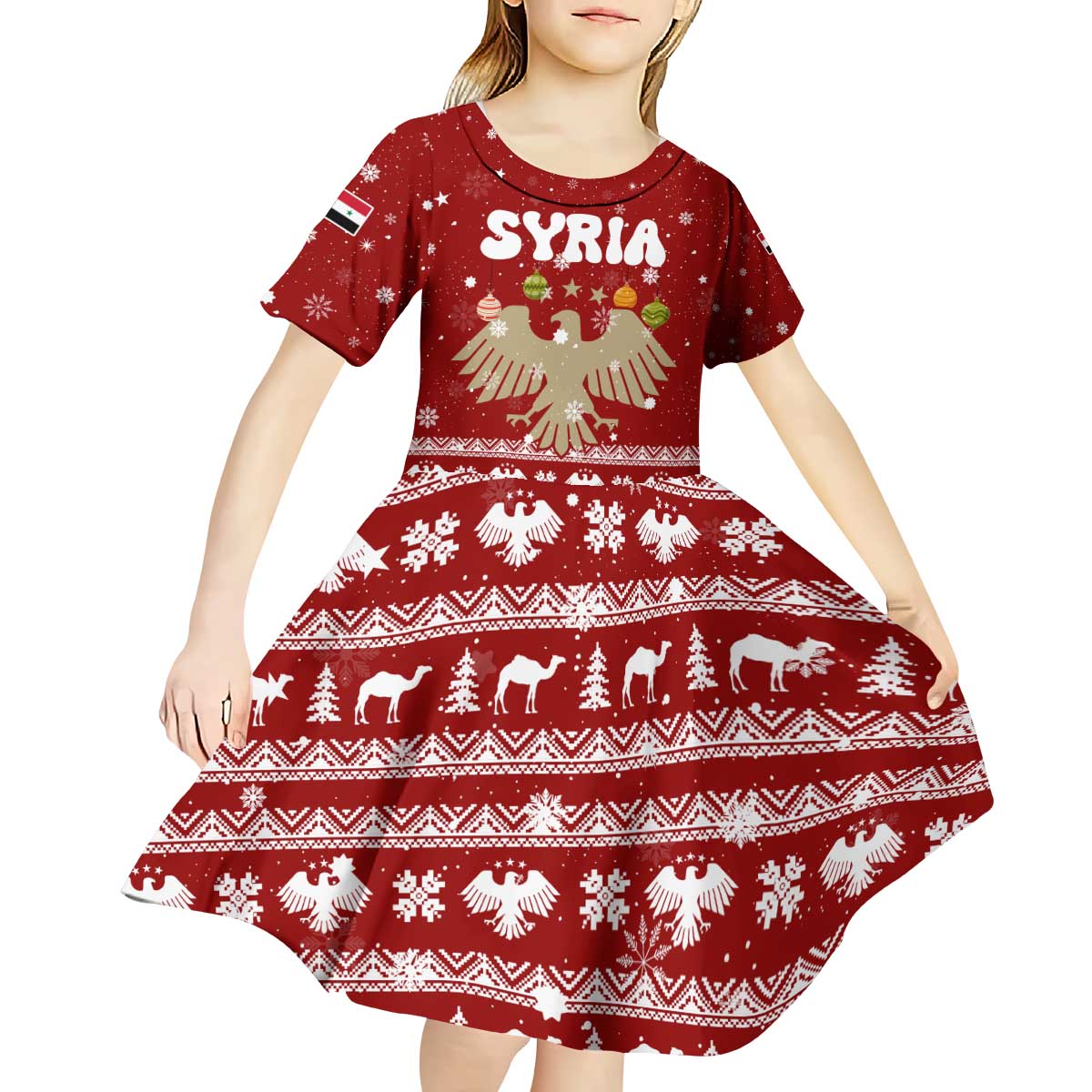Syria Christmas Kid Short Sleeve Dress with Golden Eagle Emblem Christmas Camel Scene - Wonder Print Shop