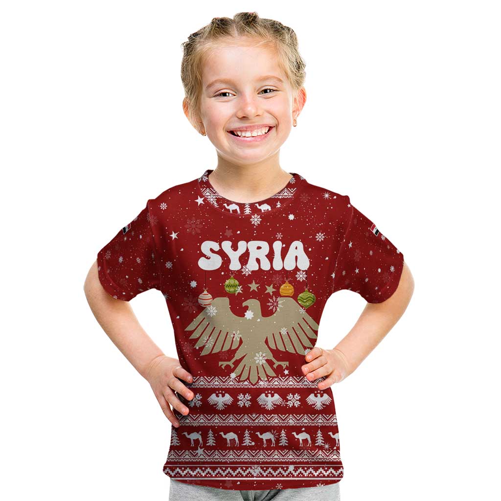 Syria Christmas Kid T Shirt with Golden Eagle Emblem Christmas Camel Scene - Wonder Print Shop