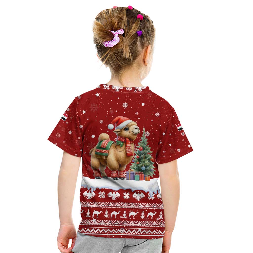 Syria Christmas Kid T Shirt with Golden Eagle Emblem Christmas Camel Scene - Wonder Print Shop