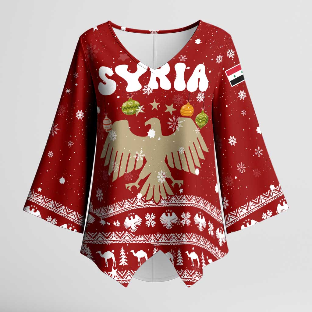 Syria Christmas Kimono Sleeve Blouse with Golden Eagle Emblem Christmas Camel Scene - Wonder Print Shop