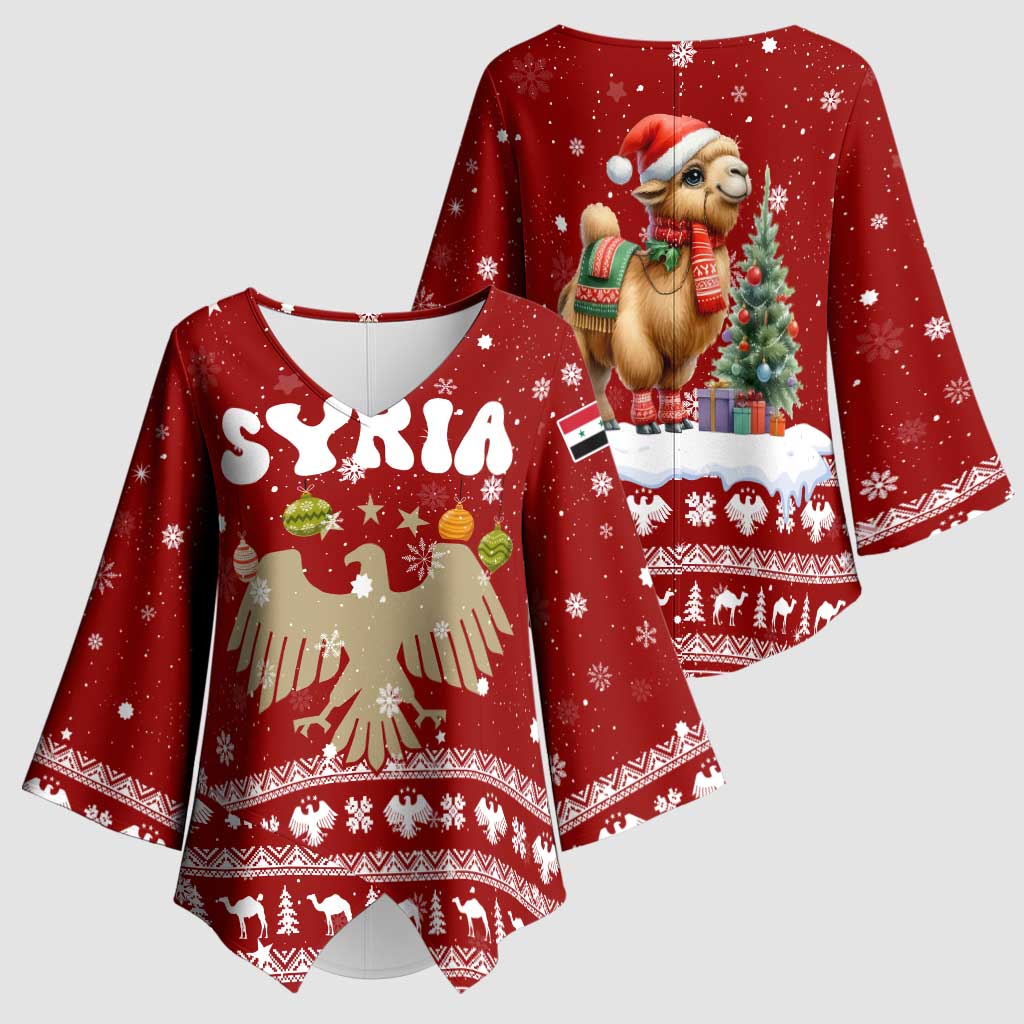 Syria Christmas Kimono Sleeve Blouse with Golden Eagle Emblem Christmas Camel Scene - Wonder Print Shop