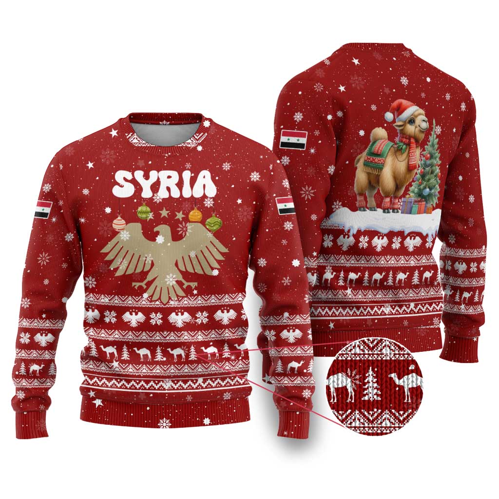 Syria Christmas Ugly Christmas Sweater with Golden Eagle Emblem Christmas Camel Scene - Wonder Print Shop