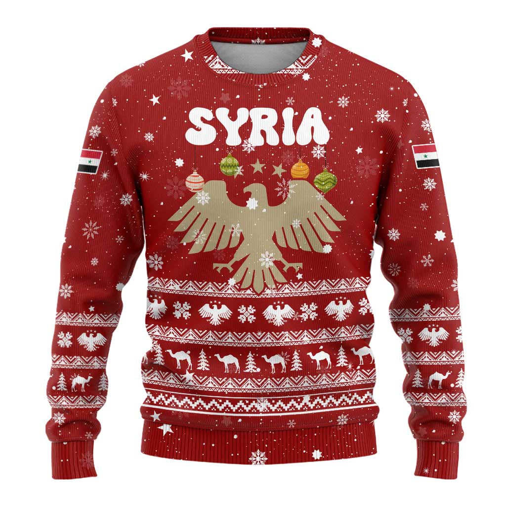 Syria Christmas Ugly Christmas Sweater with Golden Eagle Emblem Christmas Camel Scene - Wonder Print Shop