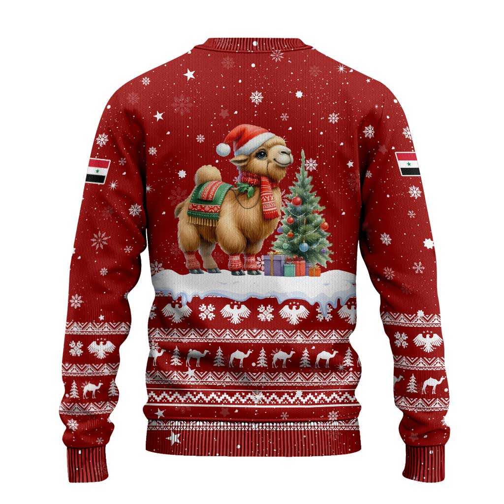 Syria Christmas Ugly Christmas Sweater with Golden Eagle Emblem Christmas Camel Scene - Wonder Print Shop