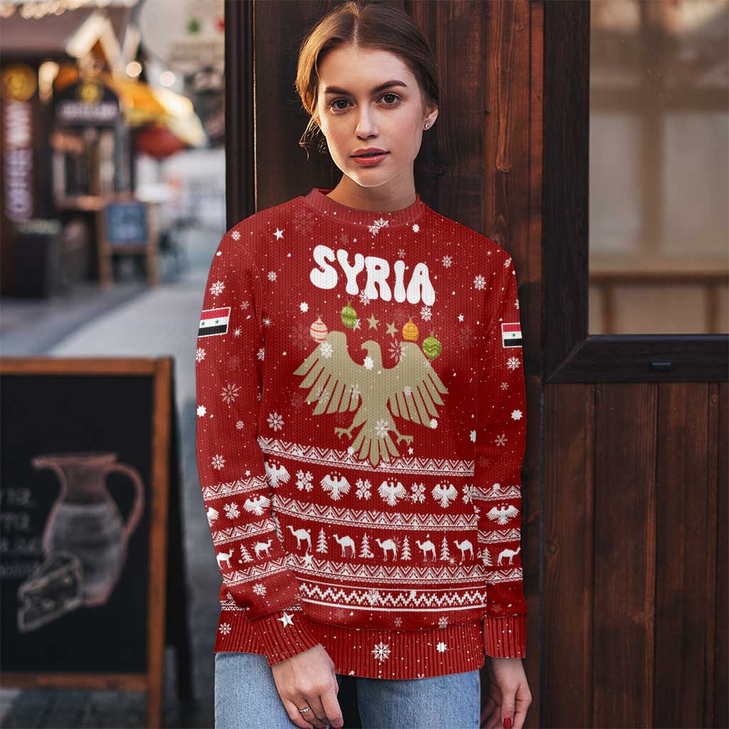 Syria Christmas Ugly Christmas Sweater with Golden Eagle Emblem Christmas Camel Scene - Wonder Print Shop