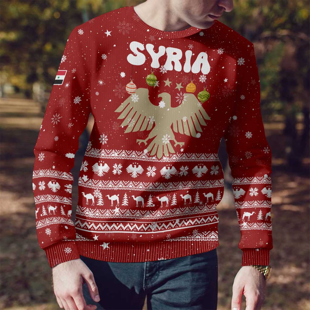 Syria Christmas Ugly Christmas Sweater with Golden Eagle Emblem Christmas Camel Scene - Wonder Print Shop