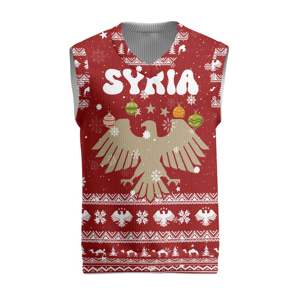 Syria Christmas Knitted V-Neck Vest with Golden Eagle Emblem Christmas Camel Scene - Wonder Print Shop