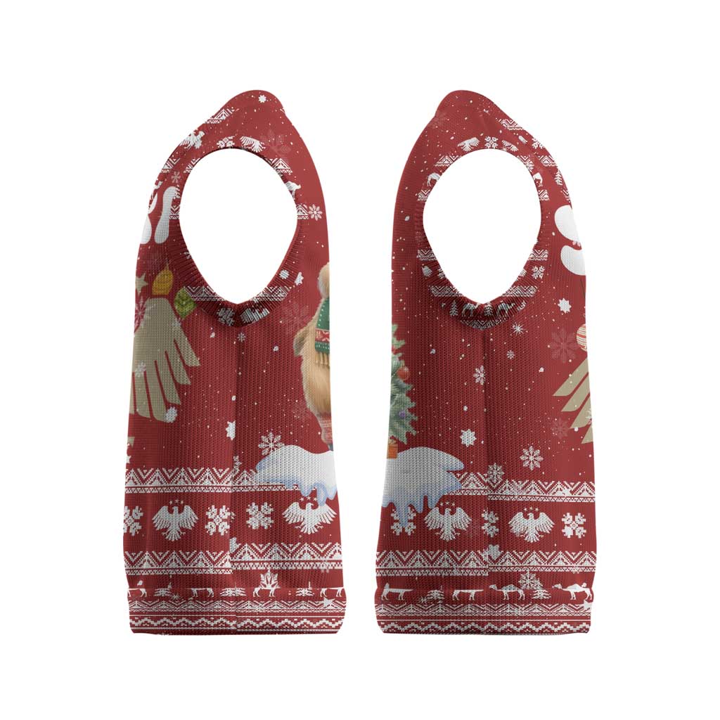 Syria Christmas Knitted V-Neck Vest with Golden Eagle Emblem Christmas Camel Scene - Wonder Print Shop