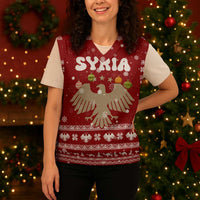 Syria Christmas Knitted V-Neck Vest with Golden Eagle Emblem Christmas Camel Scene - Wonder Print Shop