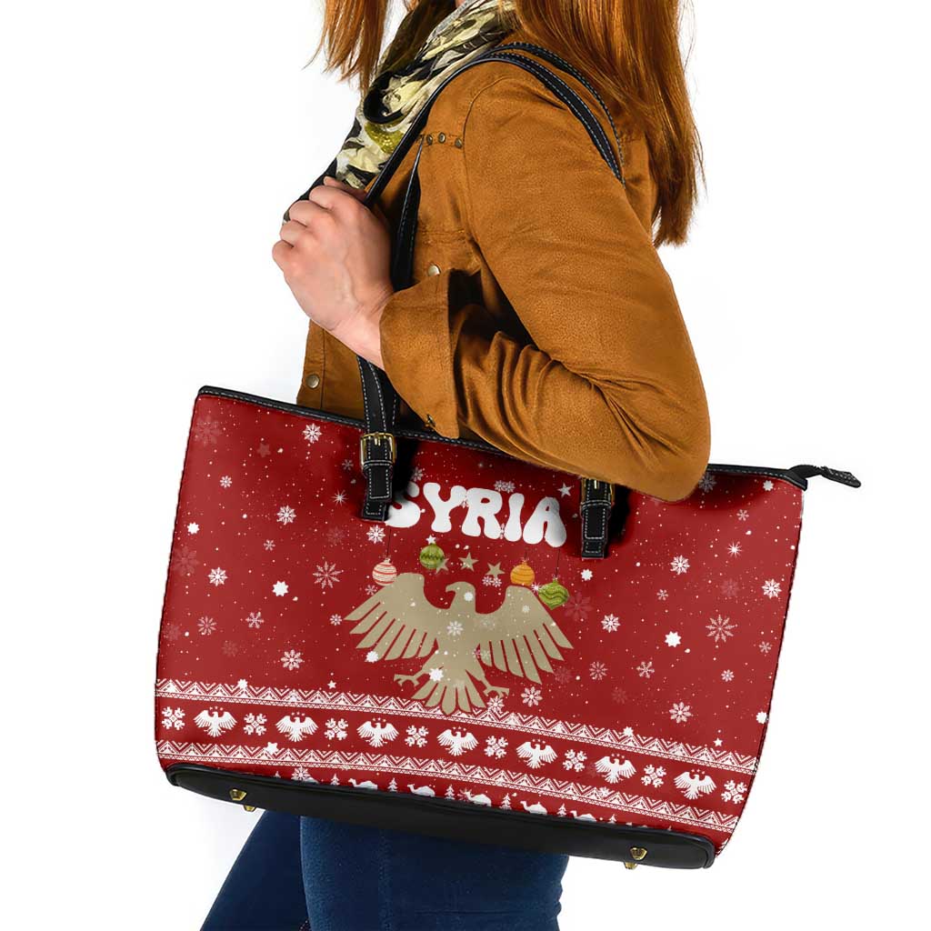 Syria Christmas Leather Tote Bag with Golden Eagle Emblem Christmas Camel Scene - Wonder Print Shop