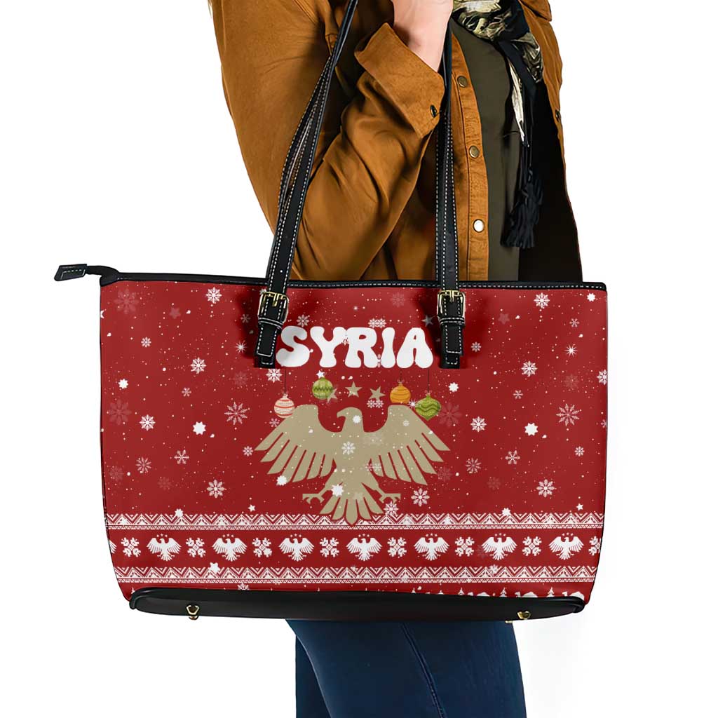 Syria Christmas Leather Tote Bag with Golden Eagle Emblem Christmas Camel Scene - Wonder Print Shop