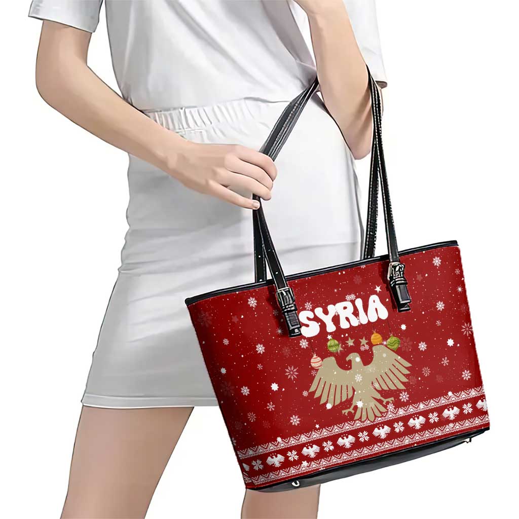 Syria Christmas Leather Tote Bag with Golden Eagle Emblem Christmas Camel Scene - Wonder Print Shop