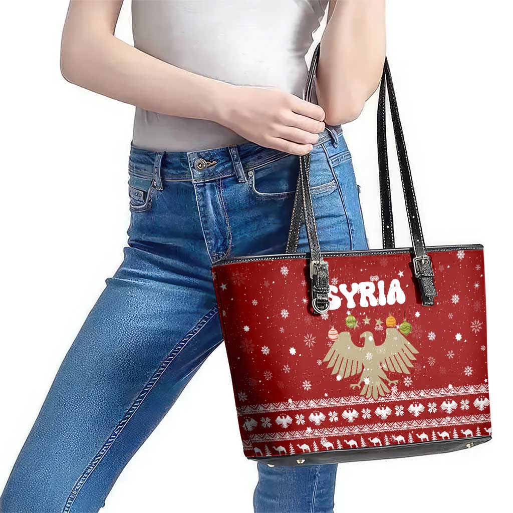 Syria Christmas Leather Tote Bag with Golden Eagle Emblem Christmas Camel Scene - Wonder Print Shop