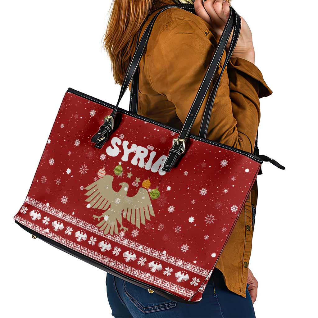 Syria Christmas Leather Tote Bag with Golden Eagle Emblem Christmas Camel Scene - Wonder Print Shop