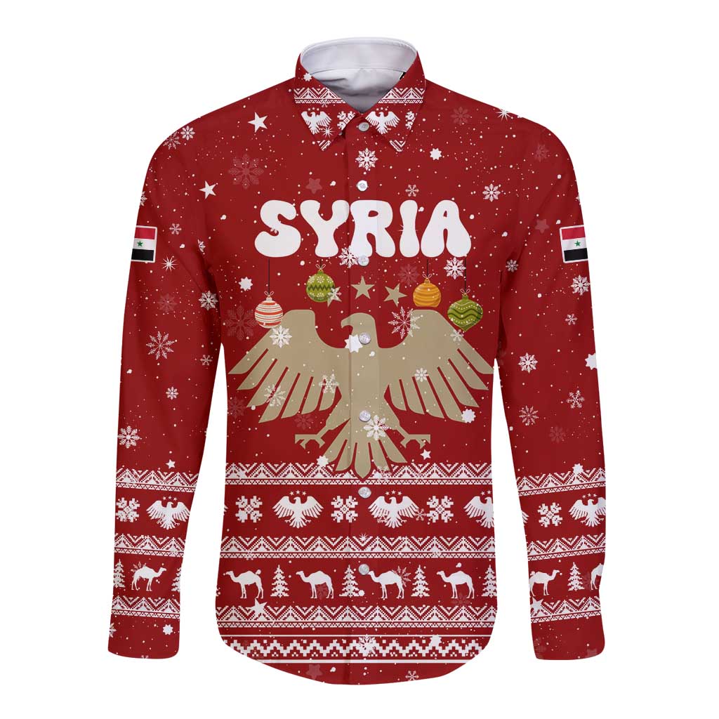 Syria Christmas Long Sleeve Button Shirt with Golden Eagle Emblem Christmas Camel Scene - Wonder Print Shop