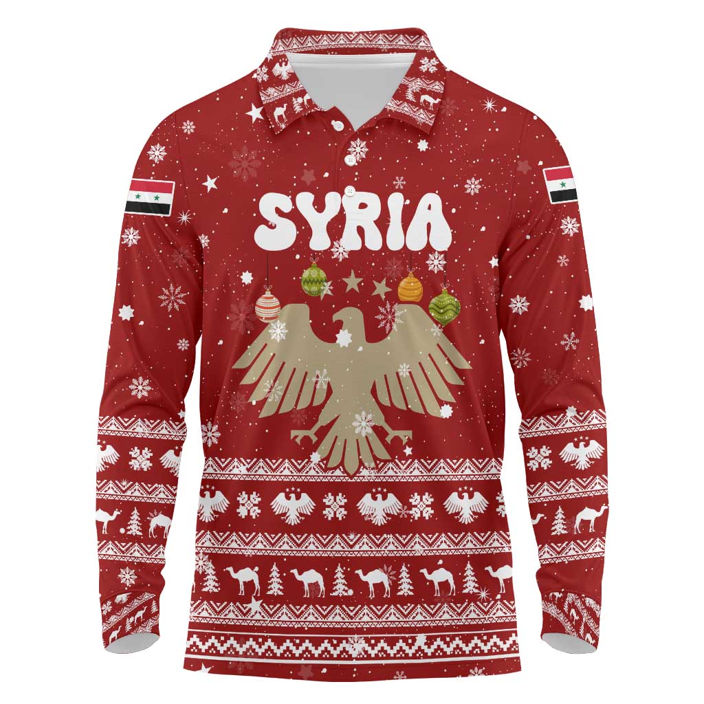 Syria Christmas Long Sleeve Polo Shirt with Golden Eagle Emblem Christmas Camel Scene - Wonder Print Shop