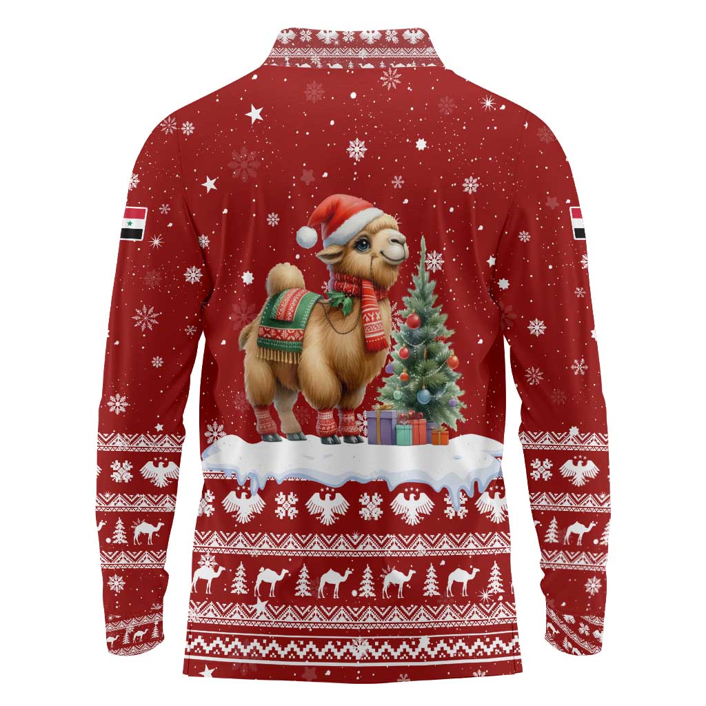 Syria Christmas Long Sleeve Polo Shirt with Golden Eagle Emblem Christmas Camel Scene - Wonder Print Shop