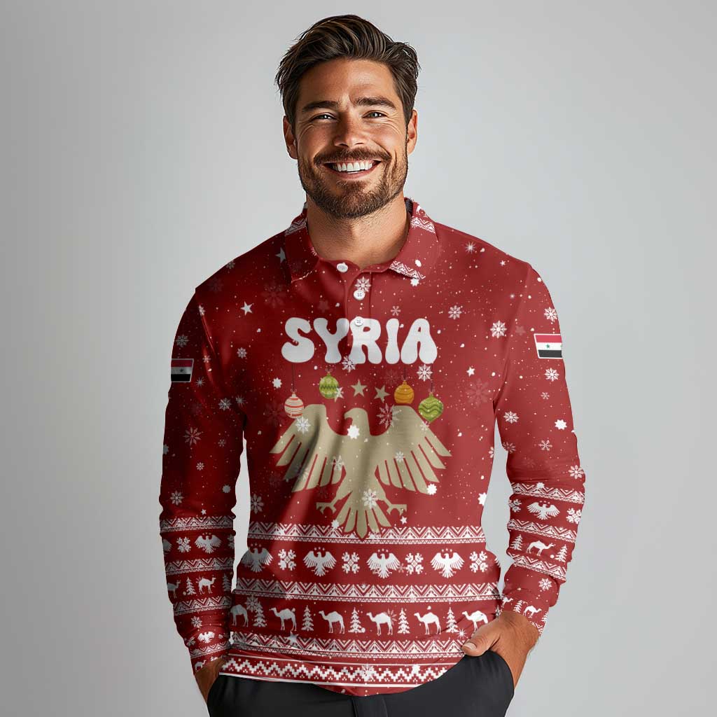 Syria Christmas Long Sleeve Polo Shirt with Golden Eagle Emblem Christmas Camel Scene - Wonder Print Shop