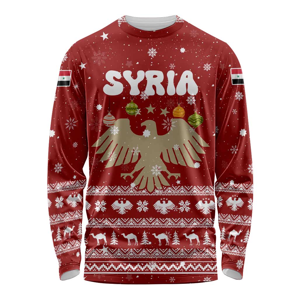 Syria Christmas Long Sleeve Shirt with Golden Eagle Emblem Christmas Camel Scene - Wonder Print Shop