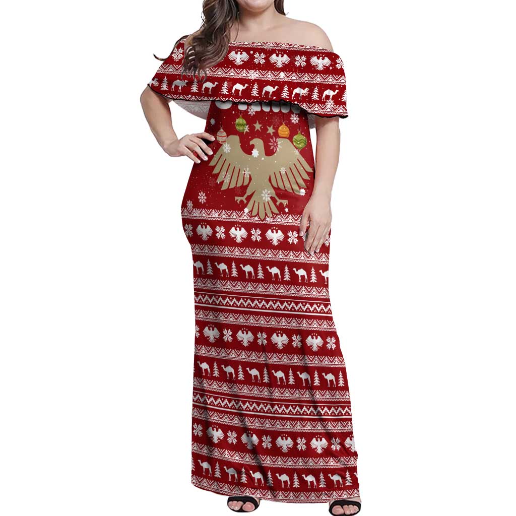 Syria Christmas Off Shoulder Maxi Dress with Golden Eagle Emblem Christmas Camel Scene - Wonder Print Shop