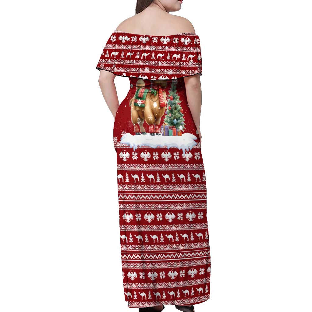 Syria Christmas Off Shoulder Maxi Dress with Golden Eagle Emblem Christmas Camel Scene - Wonder Print Shop