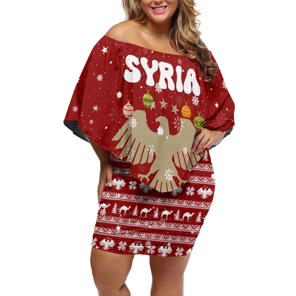 Syria Christmas Off Shoulder Short Dress with Golden Eagle Emblem Christmas Camel Scene - Wonder Print Shop
