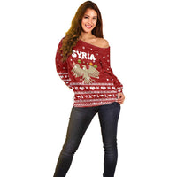 Syria Christmas Off Shoulder Sweater with Golden Eagle Emblem Christmas Camel Scene - Wonder Print Shop