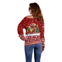 Syria Christmas Off Shoulder Sweater with Golden Eagle Emblem Christmas Camel Scene - Wonder Print Shop