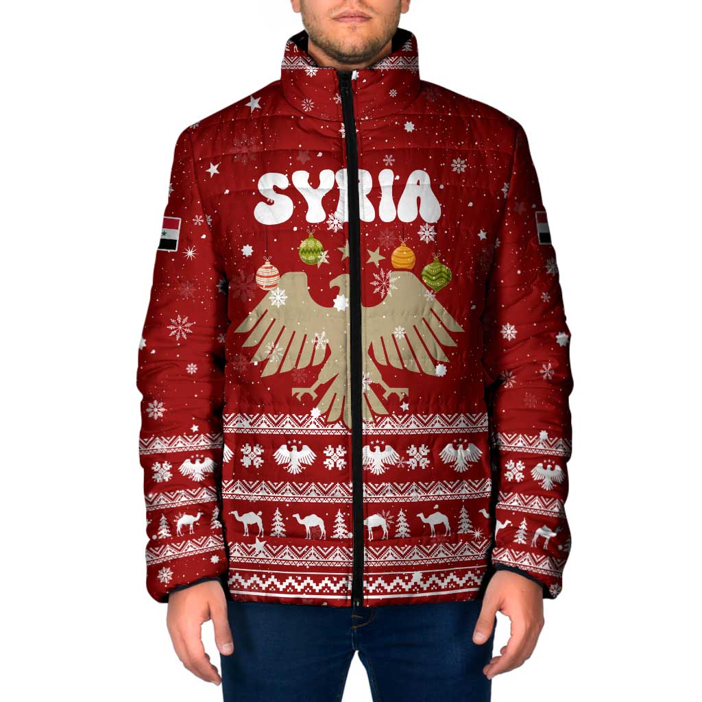 Syria Christmas Padded Jacket with Golden Eagle Emblem Christmas Camel Scene - Wonder Print Shop