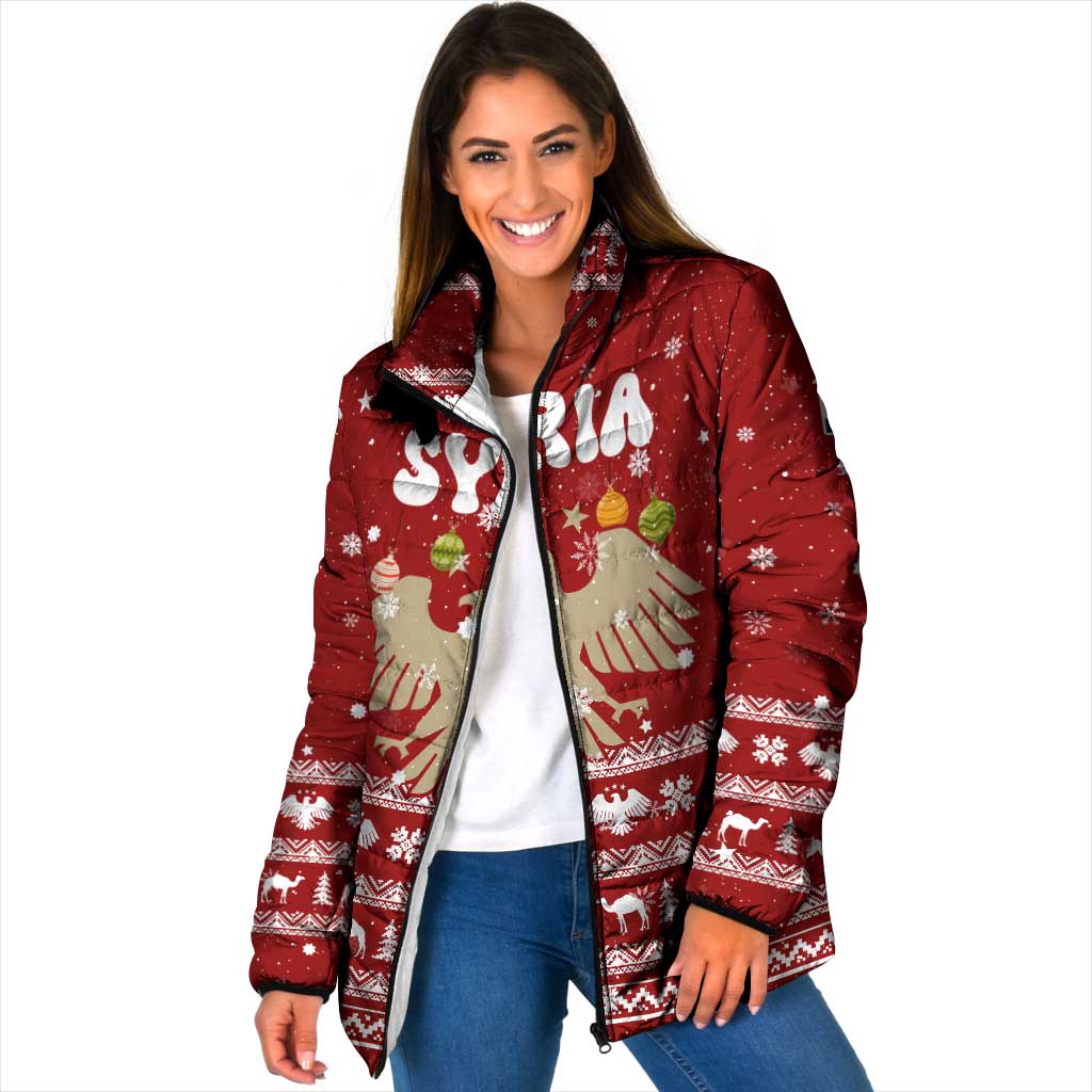 Syria Christmas Padded Jacket with Golden Eagle Emblem Christmas Camel Scene - Wonder Print Shop