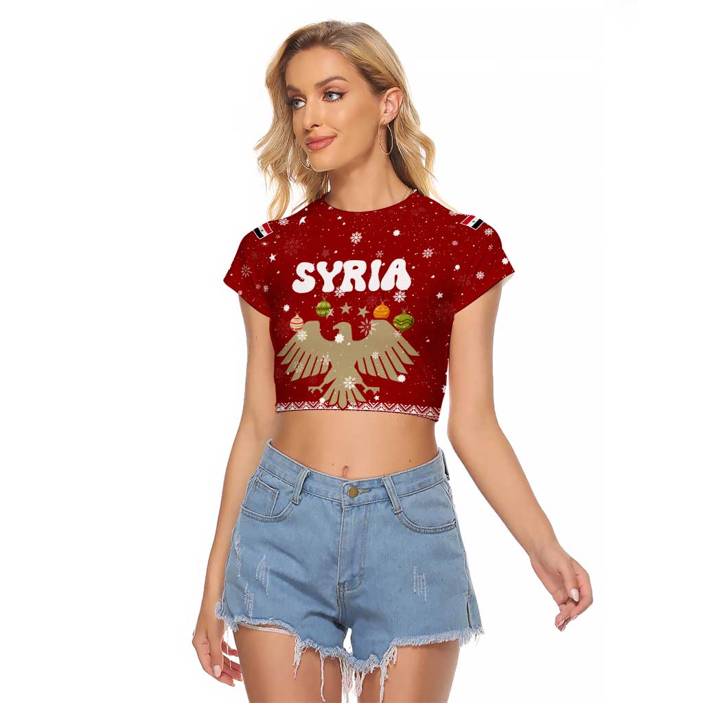 Syria Christmas Raglan Cropped T Shirt with Golden Eagle Emblem Christmas Camel Scene - Wonder Print Shop