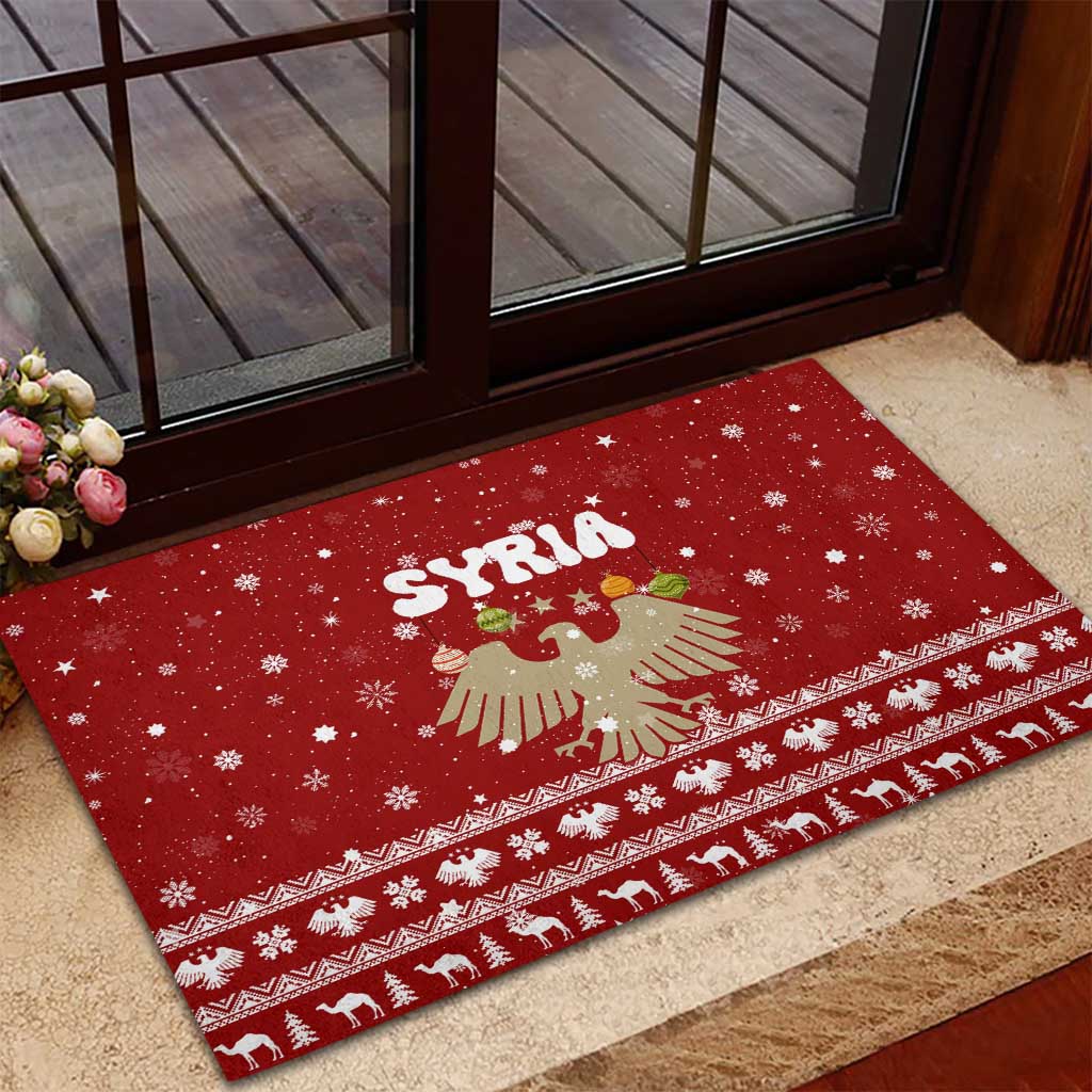 Syria Christmas Rubber Doormat with Golden Eagle Emblem Christmas Camel Scene - Wonder Print Shop