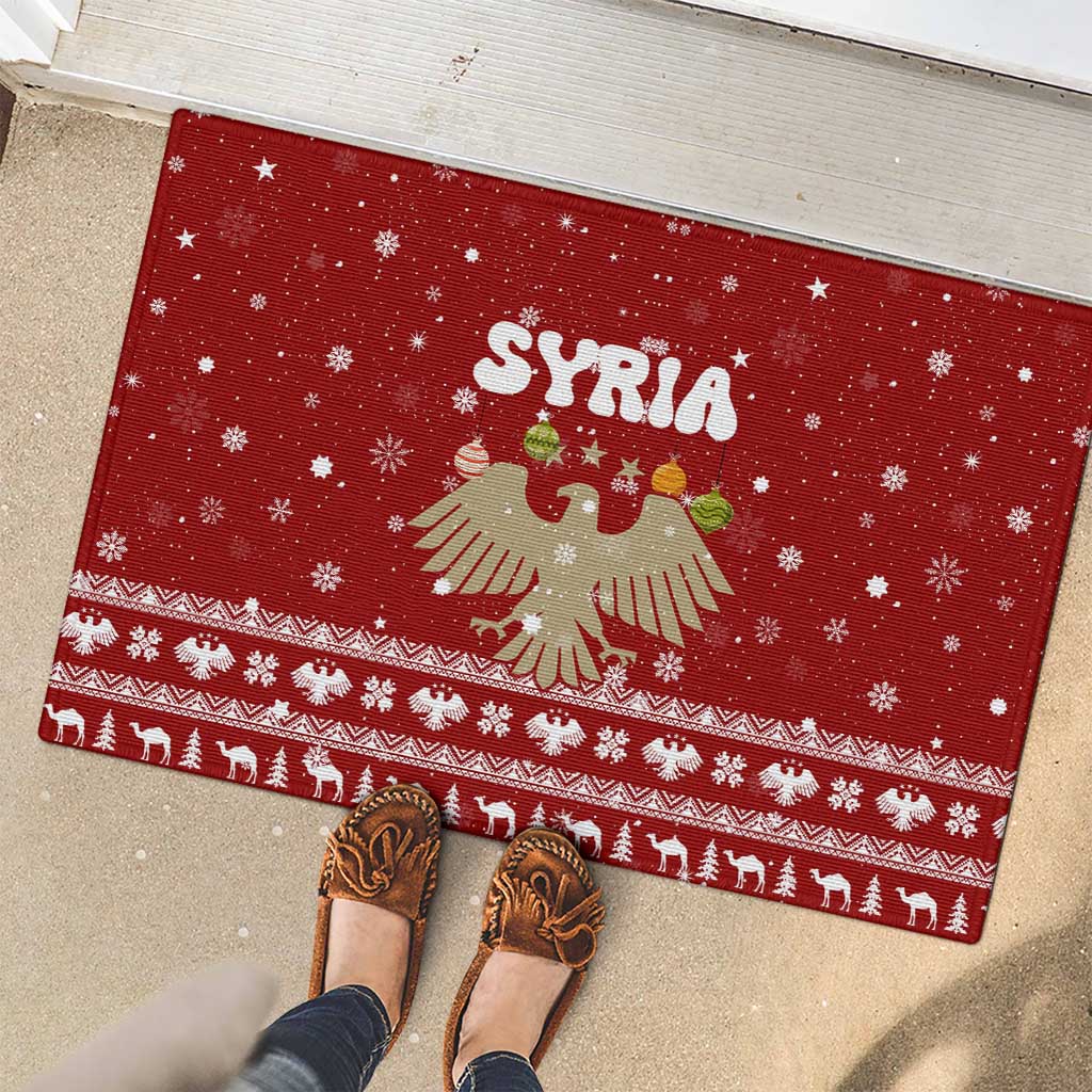 Syria Christmas Rubber Doormat with Golden Eagle Emblem Christmas Camel Scene - Wonder Print Shop