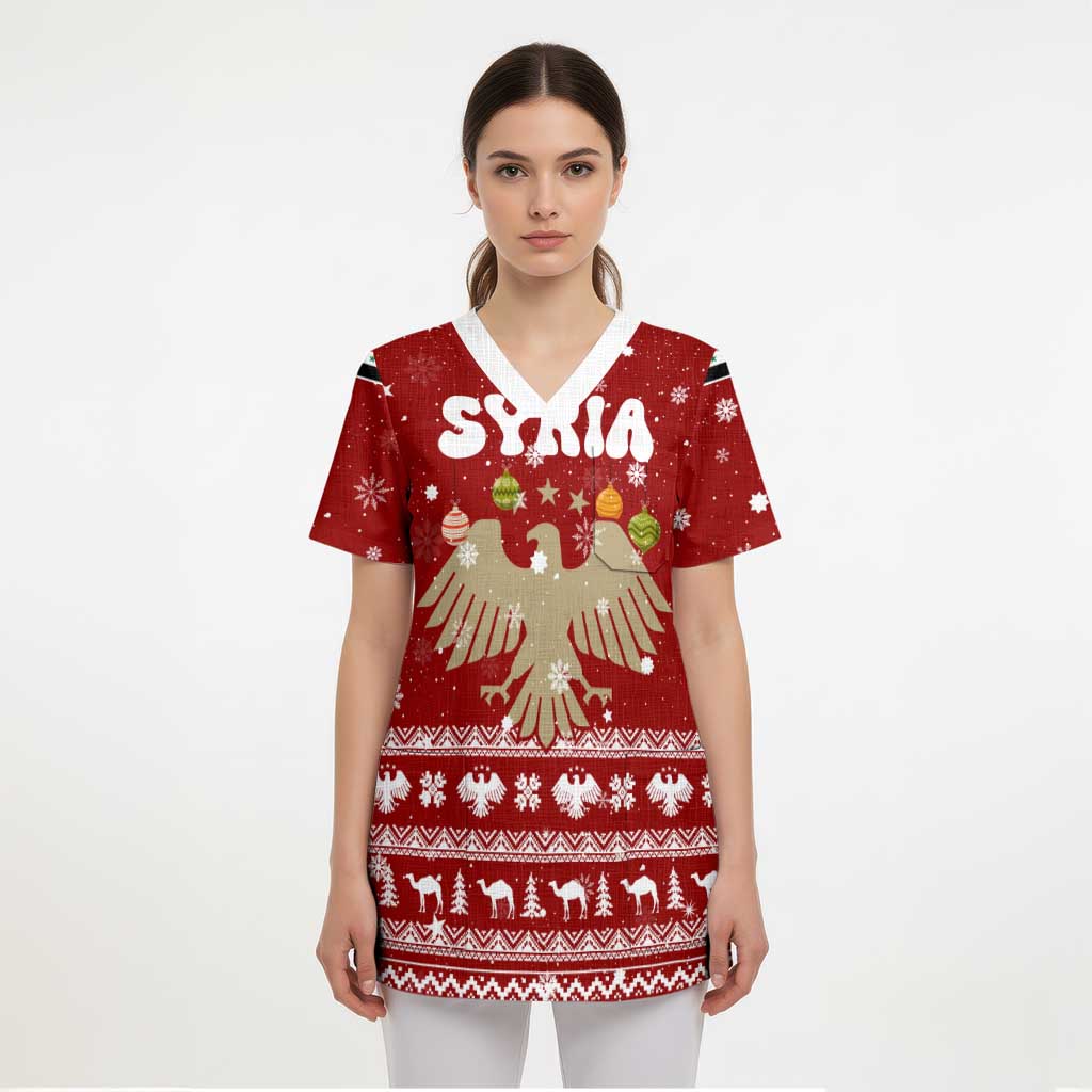 Syria Christmas Scrub Top with Golden Eagle Emblem Christmas Camel Scene - Wonder Print Shop