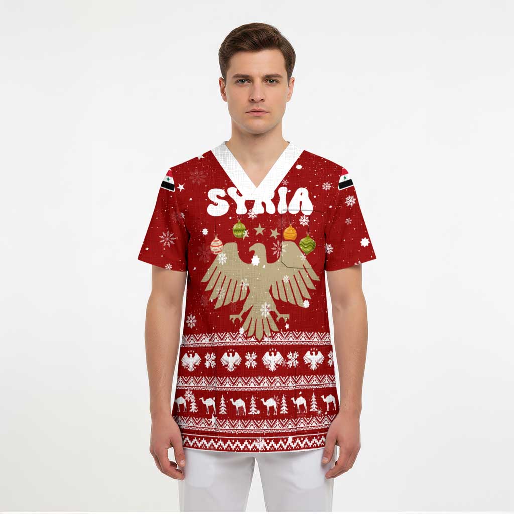 Syria Christmas Scrub Top with Golden Eagle Emblem Christmas Camel Scene - Wonder Print Shop