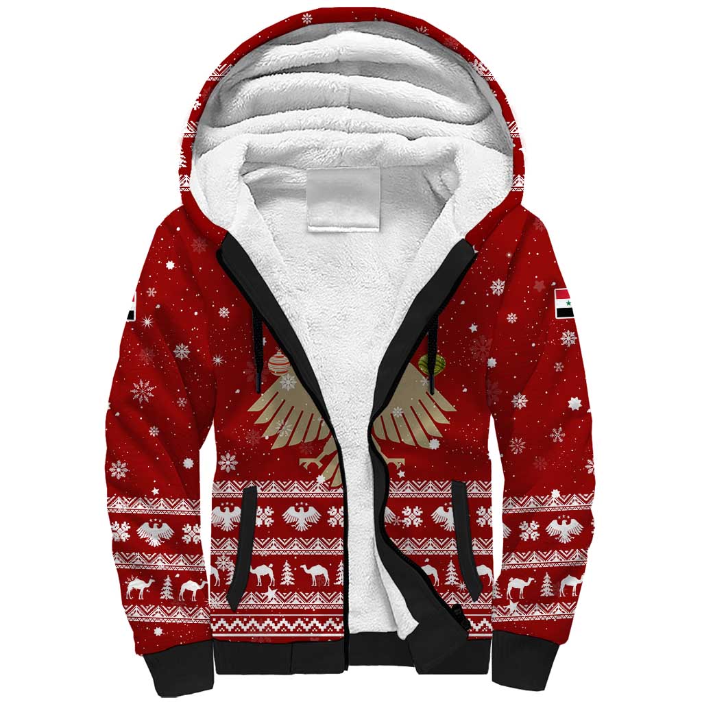 Syria Christmas Sherpa Hoodie with Golden Eagle Emblem Christmas Camel Scene - Wonder Print Shop