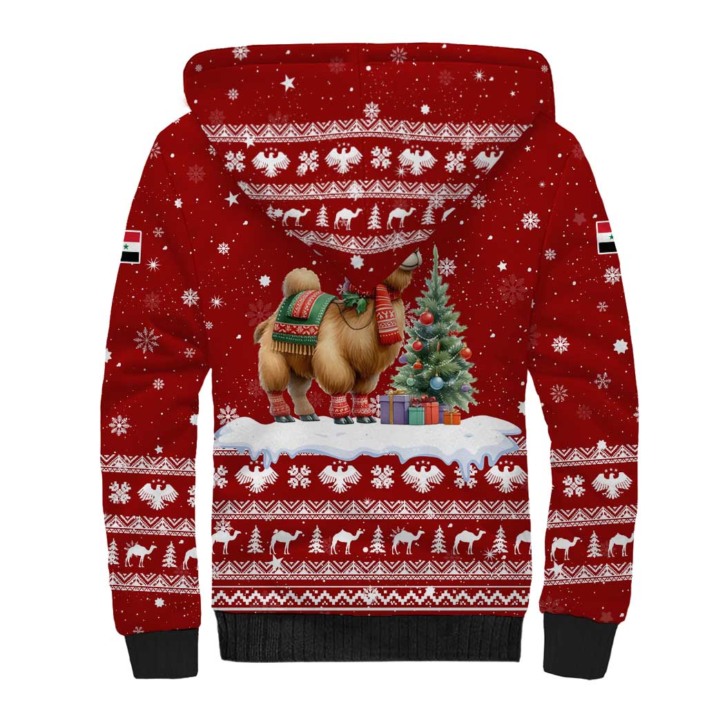 Syria Christmas Sherpa Hoodie with Golden Eagle Emblem Christmas Camel Scene - Wonder Print Shop