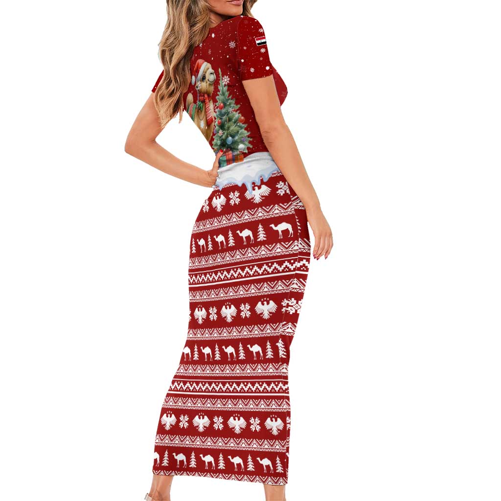 Syria Christmas Short Sleeve Bodycon Dress with Golden Eagle Emblem Christmas Camel Scene - Wonder Print Shop